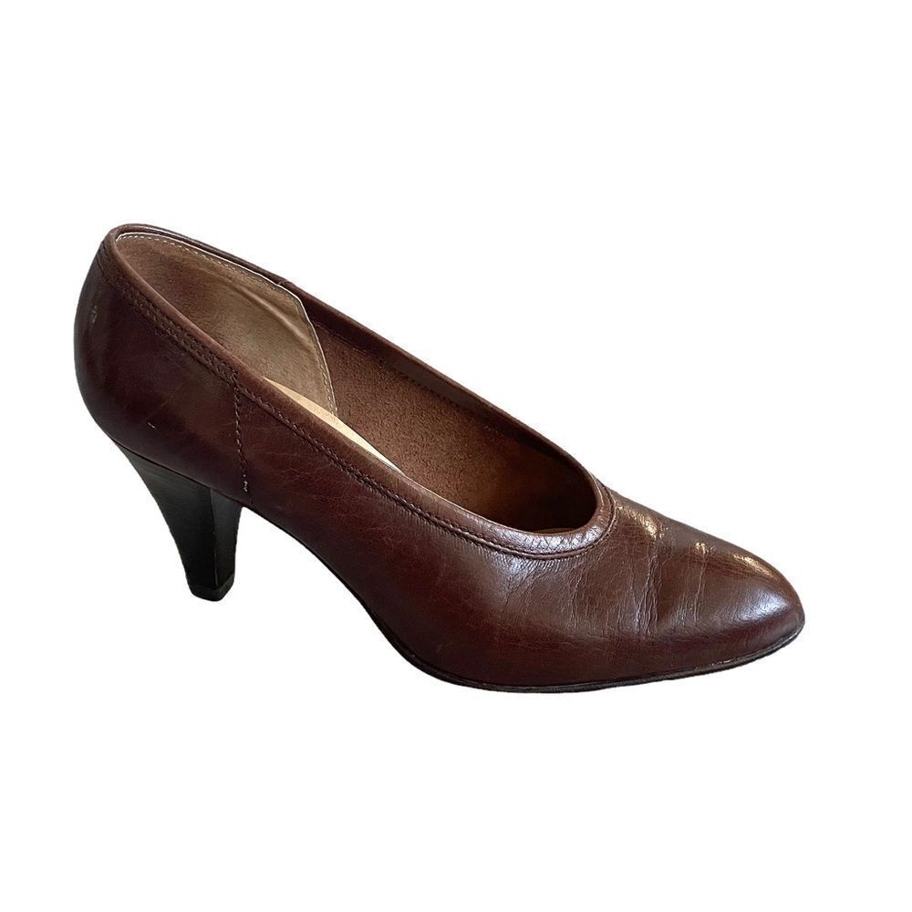 BANDOLINO Vintage Leather Almond Toe Slip-On Pumps Shoes Heels Brown 7